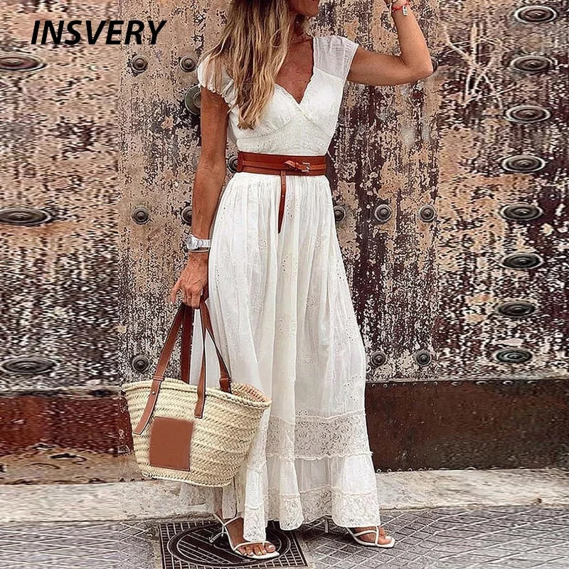 White Maxi Dresses For Women Elegant V Neck Lace Long Dress Women Short Sleeve Sexy Beach Party Dress Boho With Belt Comfortable Casual Maxi Dress White Maxi Dresses For Women Elegant V Neck Lace Long Dress Women Short Sleeve Sexy Beach Party Dress Boho With Belt Comfortable Casual Maxi Dress