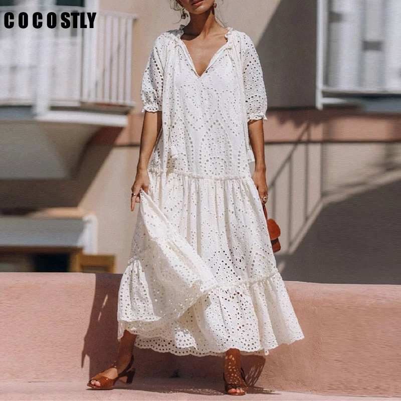 woman dress white long boho dress ladies V-neck Hollow Out Embroidery summer dress 2022 maxi dresses for women robe femme Stylish Off-Shoulder Maxi Dress woman dress white long boho dress ladies V-neck Hollow Out Embroidery summer dress 2022 maxi dresses for women robe femme Stylish Off-Shoulder Maxi Dress
