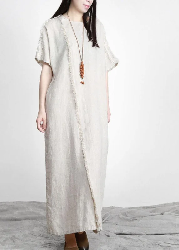 Women Linen Patchwork Maxi Dress Burrs Elegant Lace-Up Maxi Dress