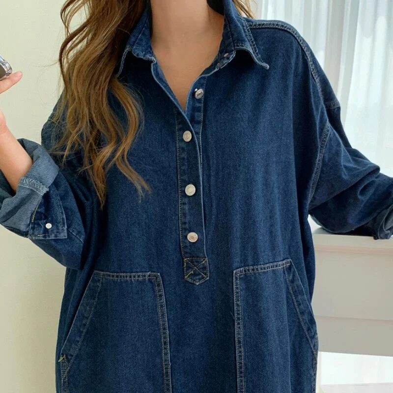 Women's Autumn Long Sleeve Denim Shirt Dress Button Pocket Jeans Maxi Dresses Casual Loose Female Street Wear Denim Robe Stylish One-Shoulder Maxi Dress Women's Autumn Long Sleeve Denim Shirt Dress Button Pocket Jeans Maxi Dresses Casual Loose Female Street Wear Denim Robe Stylish One-Shoulder Maxi Dress