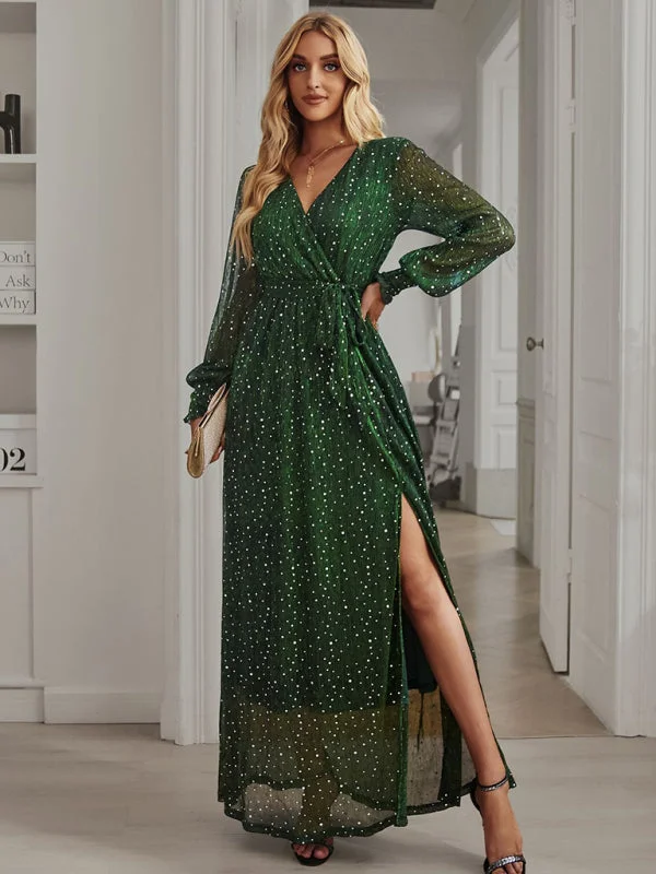 Blue Zone Planet | Elegant V Neck Long Sleeve Waist Side Slit Maxi Dress Stylish Long Sleeve Maxi Dress Blue Zone Planet | Elegant V Neck Long Sleeve Waist Side Slit Maxi Dress Stylish Long Sleeve Maxi Dress