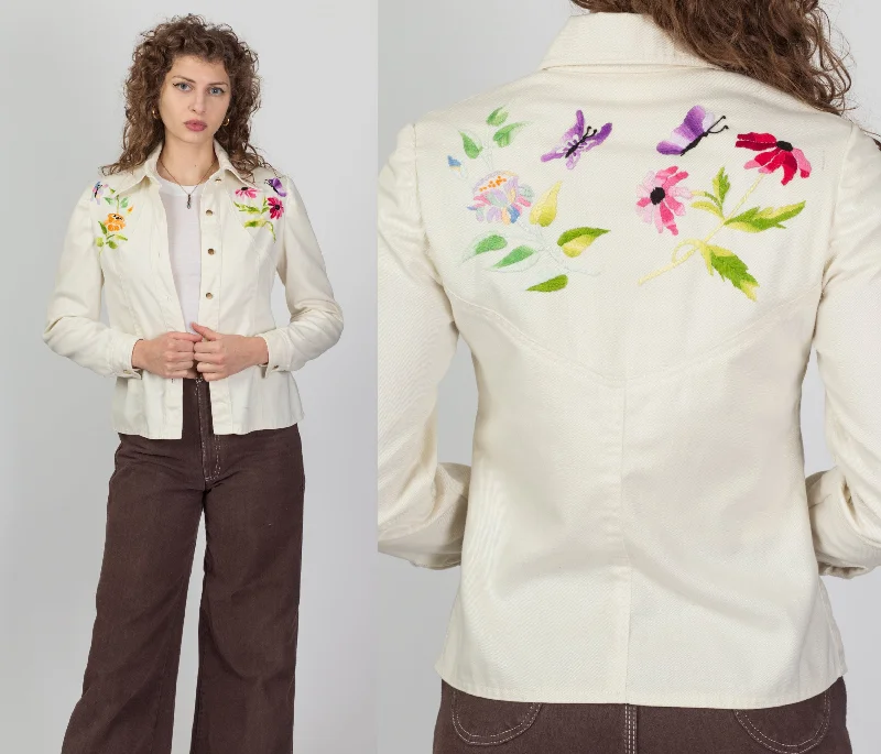 70s Embroidered Off-White Denim Look Jacket - Small Fleece Jacket Down Jacket Parka