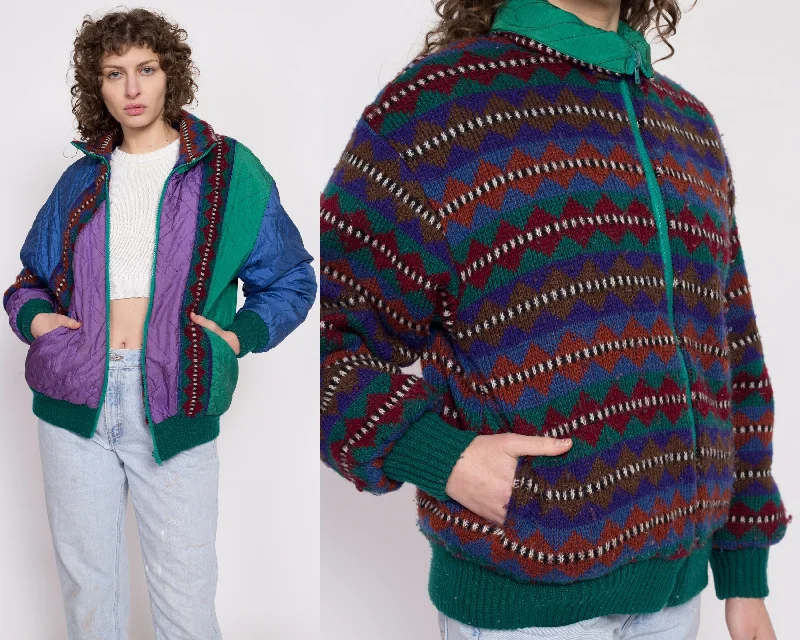 80s Color Block & Geometric Knit Reversible Jacket - Large Cotton Jacket Linen Jacket Terry Jacket