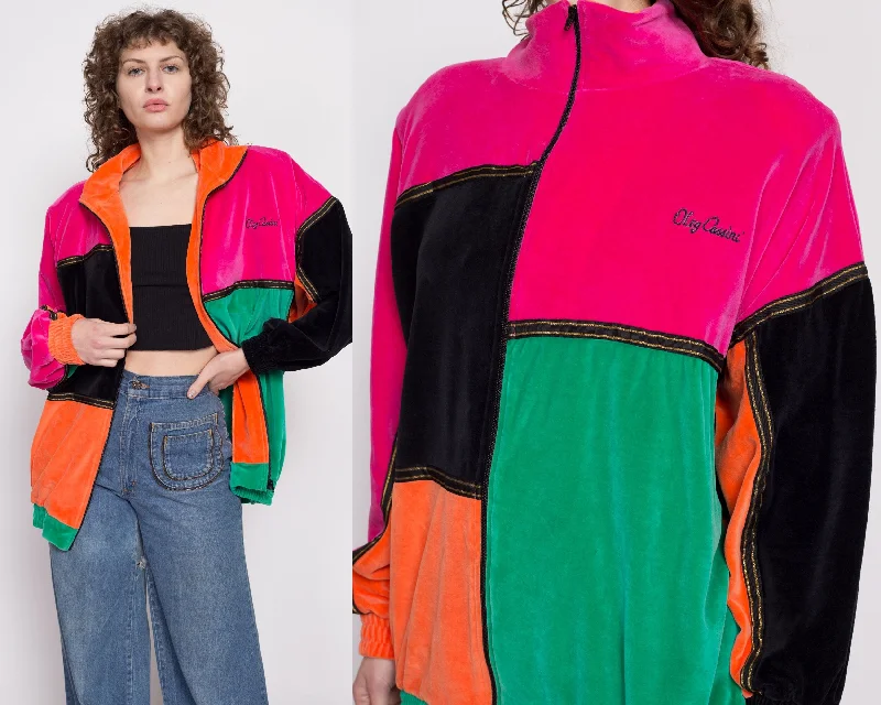 80s Velour Color Block Track Jacket - Extra Large Zippered Jacket Buttoned Jacket Snapped Jacket