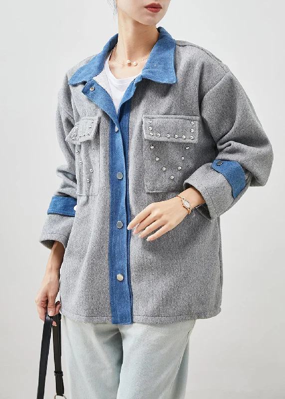 Art Grey Oversized Patchwork Rivet Woolen Jacket Spring Print Jacket Jacquard Jacket Patchwork Jacket