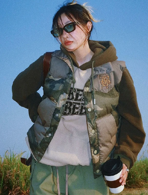 B Letter Embroidery Army Green Camouflage Sleeveless Puffer Jacket Denim Fabric Leather Fabric Suede Fabric