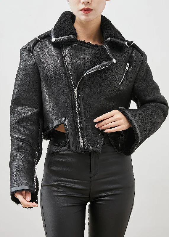 Black Patchwork Faux Fur Jackets Asymmetrical Zippered Winter Stand-Up Collar Roll-Neck Collar Turtle Neck