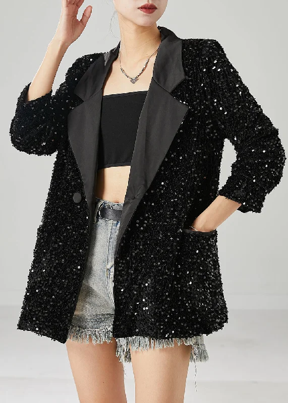 Boho Black Sequins Double Breast Jackets Spring Jacket Blazer Coat