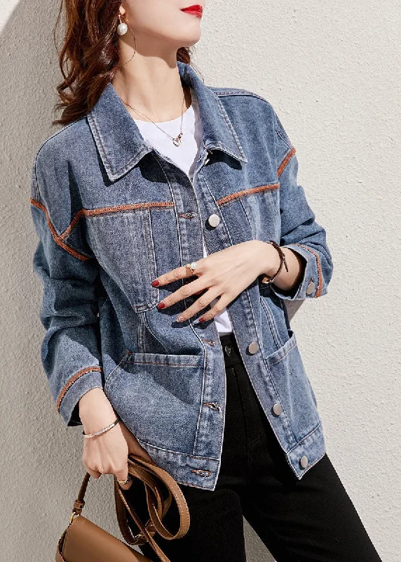 Boutique Denim Blue Peter Pan Collar Patchwork Pockets Cotton Jacket Spring Faux Fur Fabric Real Fur Fabric Shearling Fabric