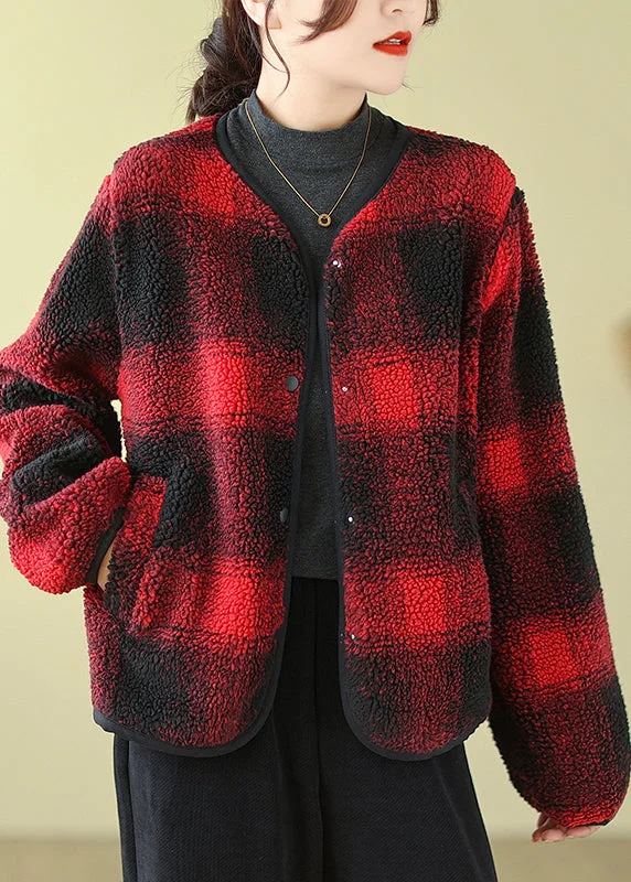 Boutique Red O-Neck Pockets Plaid Faux Fur Jackets Fall Tiered Jacket Buttoned Jacket Zippered Jacket