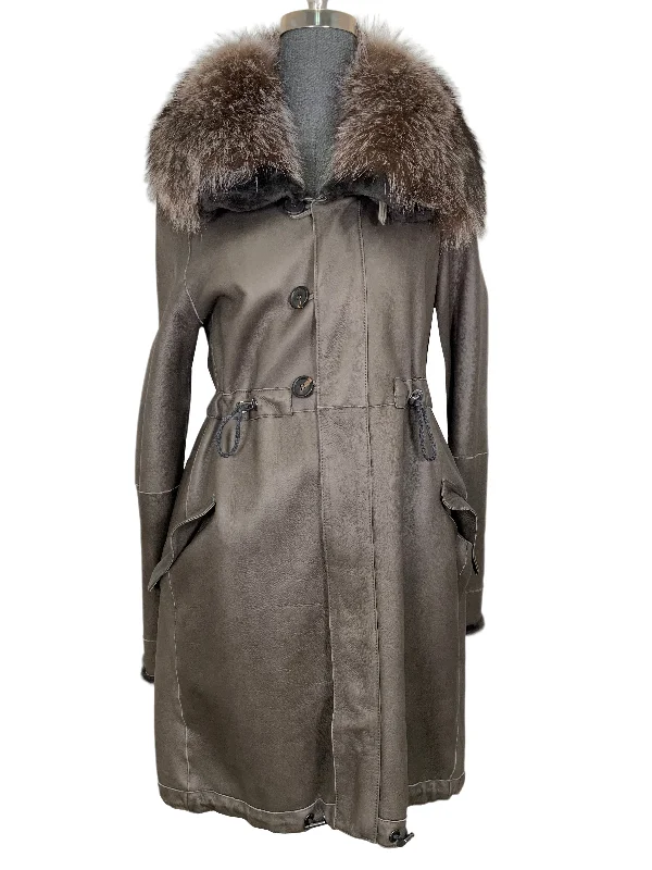 Brunello Cucinelli Leather Racoon Fur Parka Jacket with Racoon Fur Size M Rayon Fabric Velvet Fabric Corduroy Fabric