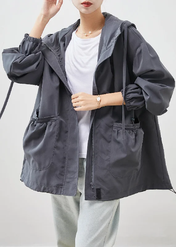 Casual Grey Hooded Pockets Cotton Jackets Spring Insulated Jacket Fitted Jacket Loose Jacket