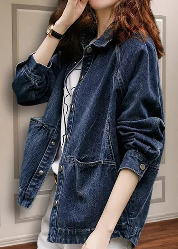 Casual Navy Peter Pan Collar Pockets Patchwork Denim Jackets Fall Wool Fabric Cashmere Fabric Tweed Fabric