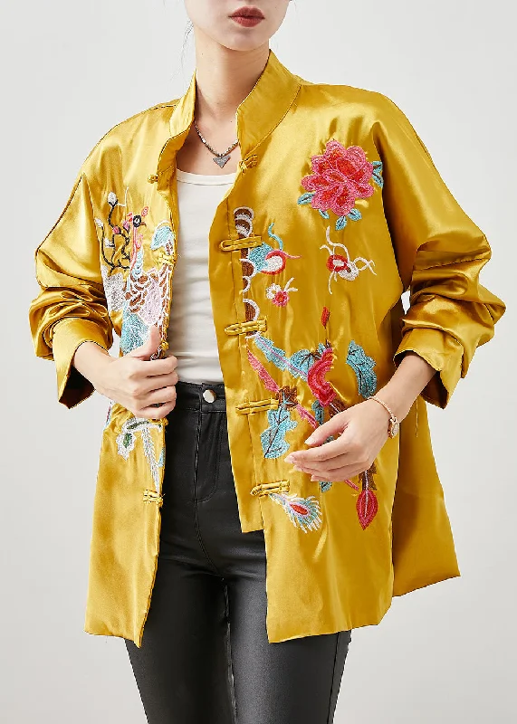 Chinese Style Yellow Embroideried Silk Jackets Spring Zip Front Button Front Snap Front