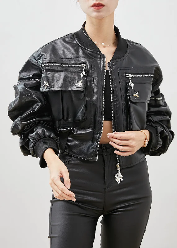 Fashion Black Zip Up Rivet Faux Leather Jackets Spring Rayon Jacket Velvet Jacket Corduroy Jacket