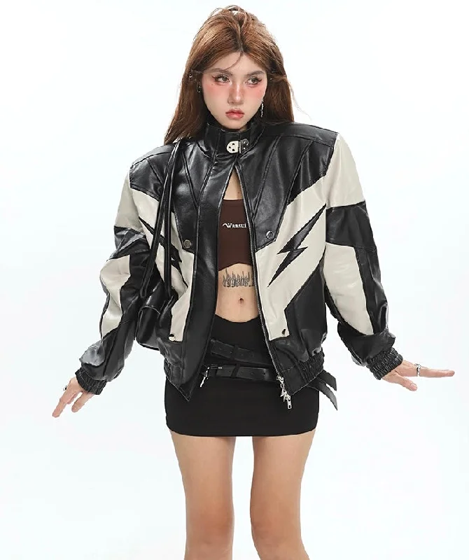 Lightning Bolt Pu Leather Patchwork Zip Up Jacket Cardigan Sweater Pullover