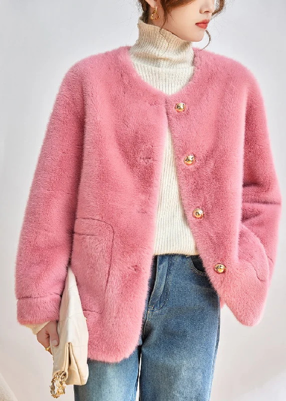 Modern Pink O-Neck Pockets Button Faux Fur Jackets Winter Print Jacket Jacquard Jacket Patchwork Jacket