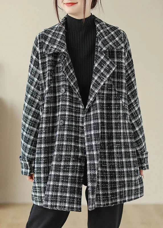 Plus Size Black Plaid Peter Pan Collar Pockets Woolen Jacket Fall Cardigan Sweater Pullover