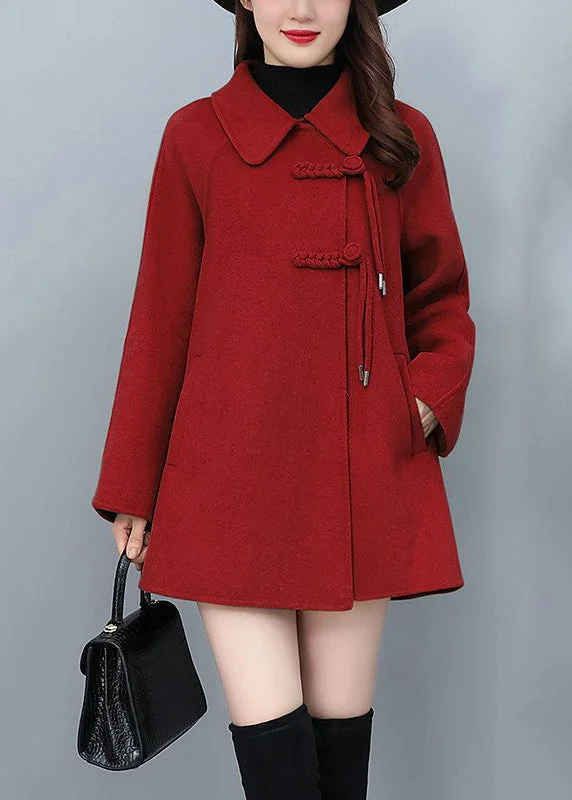 Red Oriental Woolen Jacket Tasseled Chinese Button Winter Notch Collar Jacket Peter Pan Collar Jacket Cowl Neck Jacket