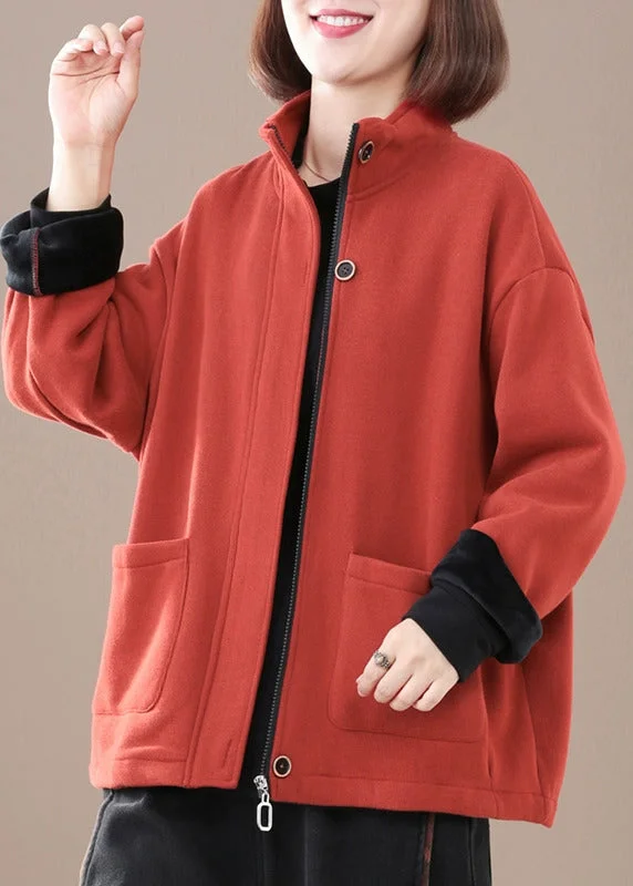 Red Thick Warm Fleece Jacket Zip Up Pockets Winter Zip Front Button Front Snap Front