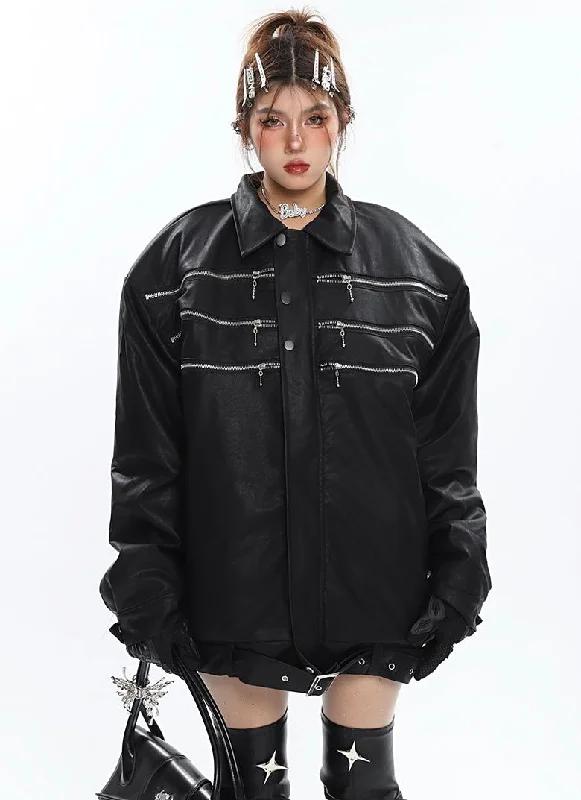 RVNTENG Back Graphic Letter Print Faux Leather Multi Zipper Long Sleeve Jacket Knit Jacket Woven Jacket Fleece Jacket