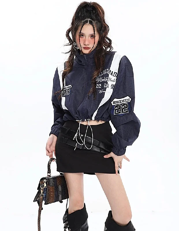 Sarai Marine Blue Patchwork Embroidery Long Sleeve Cropped Windbreaker Zip Up Jacket Jacket Blazer Coat