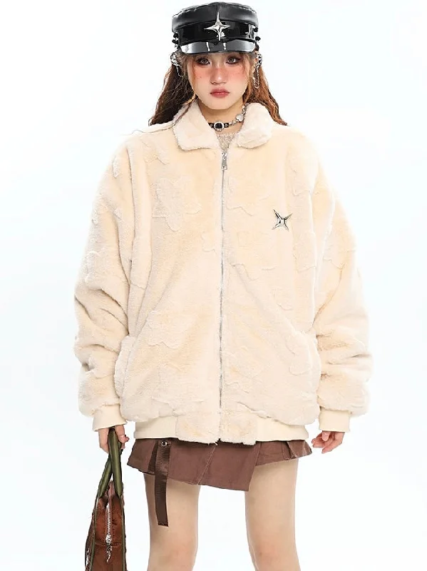 Starfish Patches Solid Color Fleece Long Sleeve Zip Up Jacket Zippered Jacket Buttoned Jacket Snapped Jacket