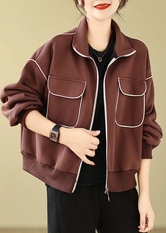 Stylish Coffee Zip Up Pockets Cotton Jacket Spring Belted Jacket Elasticated Jacket Padded Jacket