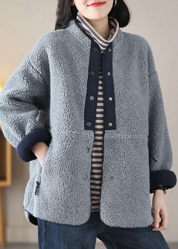 Stylish Grey Blue Stand Collar Patchwork Teddy Faux Fur Jackets Spring Zippered Jacket Buttoned Jacket Snapped Jacket