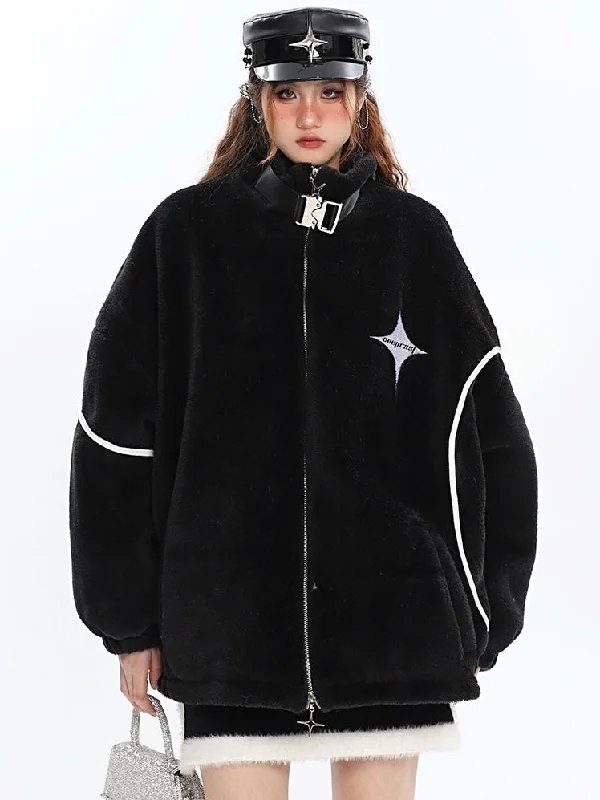 Twinkle Star Solid Color Fleece Zip Up Long Sleeve Turtleneck Jacket Notch Collar Peter Pan Collar Cowl Neck