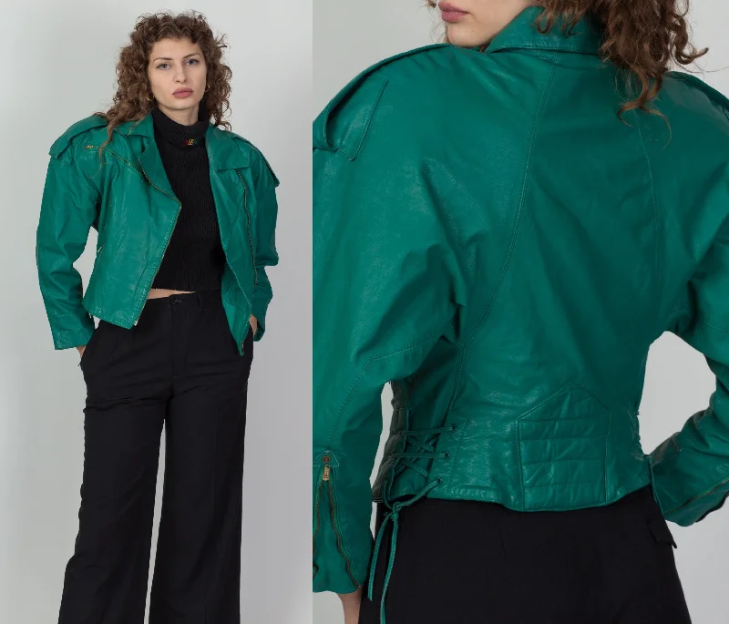 Vintage 80s Teal Green Leather Crop Jacket - Small Wool Jacket Cashmere Jacket Tweed Jacket