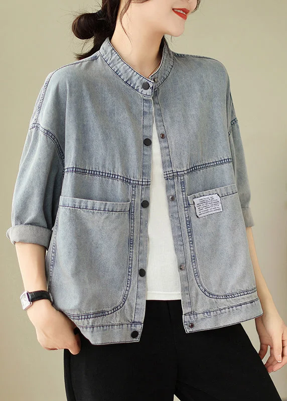 Women Light Blue Stand Collar Pockets Denim Jackets Spring Corduroy Jacket Velvet Jacket Brocade Jacket