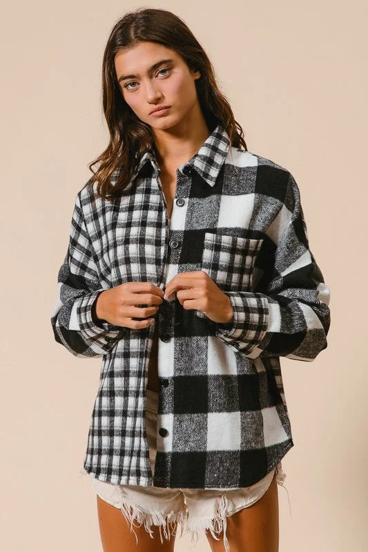 BiBi Plaid Fleece Button Down Long Sleeve Shirt Front Pockets Side Pockets Patch Pockets