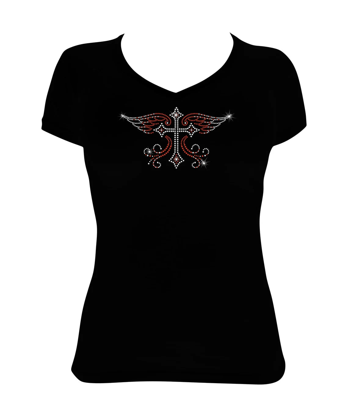 Women's Rhinestone Fitted Tight Snug Cross with Wings - Rhinestone Church shirt, Red Cross Polka Dot Checkered Tartan Women's Rhinestone Fitted Tight Snug Cross with Wings - Rhinestone Church shirt, Red Cross Polka Dot Checkered Tartan