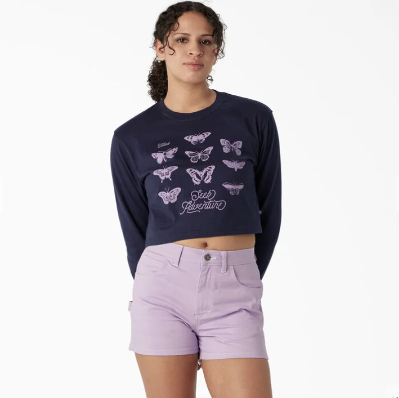 Dickies Women's Butterfly Graphic Long Sleeve Cropped Tee - Navy Notch Collar Peter Pan Collar Cowl Neck Dickies Women's Butterfly Graphic Long Sleeve Cropped Tee - Navy Notch Collar Peter Pan Collar Cowl Neck