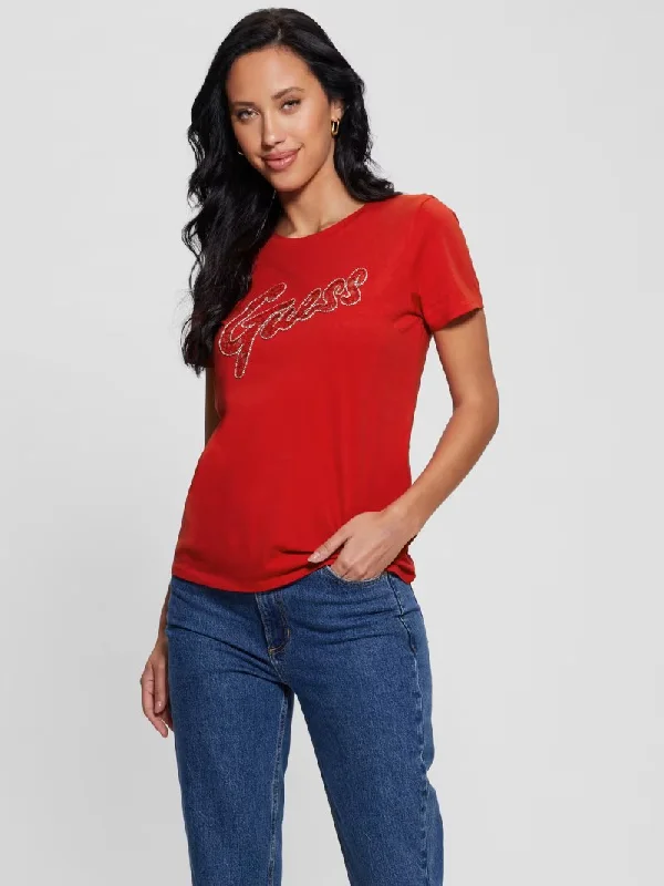 GUESS LACE FRONT LOGO EASY TEE Satin Blend Silk Blend Wool Blend