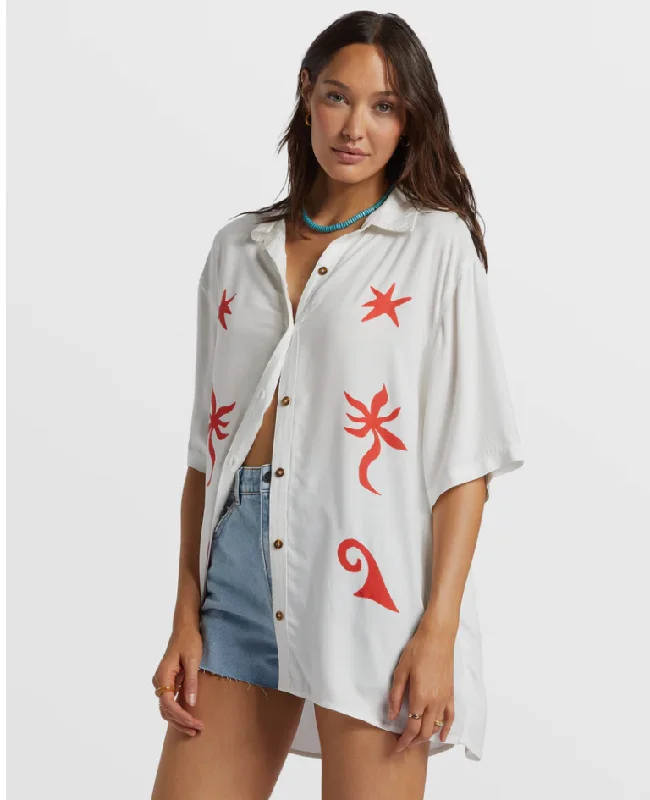 On Vacation Woven Shirt - Salt Crystal Solid Print Embellished