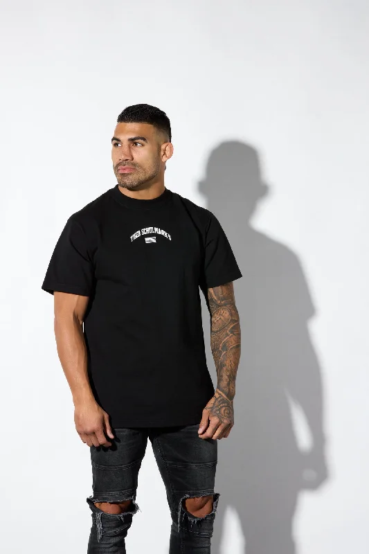 Oversized University Tee Black Hooded Caped Shawl Collar