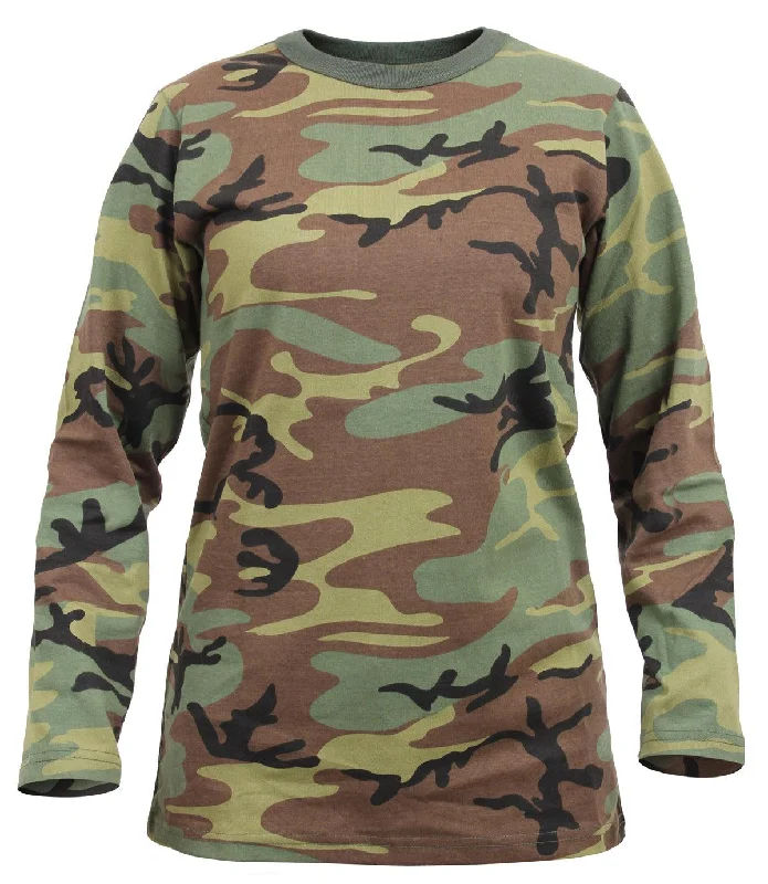 Womens Long Sleeve Camo T-Shirt Satin Blend Silk Blend Wool Blend