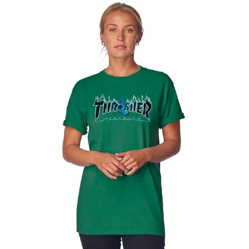 Santa Cruz Women's Thrasher Screaming Flame Logo Short Sleeve T-Shirt - Moss Silk Blend Satin Velvet