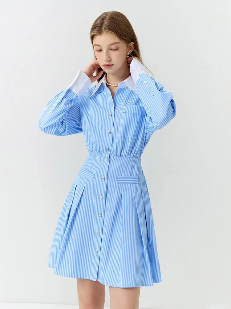 Trendy Summer Stripe Shirt Dress Notch Collar Peter Pan Collar Cowl Neck