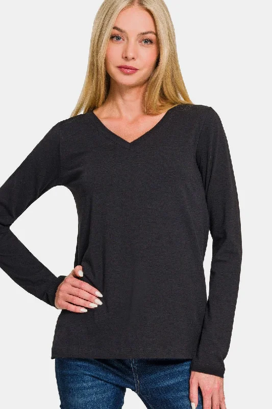 Zenana Full Size V-Neck Long Sleeve T-Shirt Lace Blend Ribbed Blend Corduroy Blend
