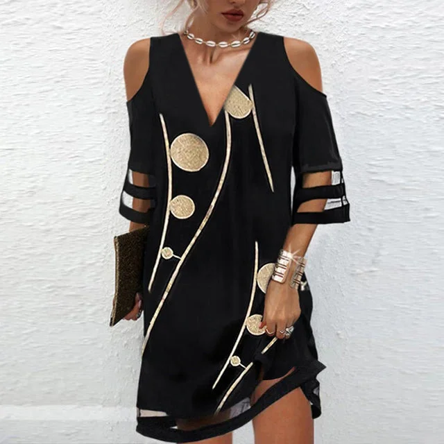 Sheer Cold Shoulder Golden Dot Mini Dress Elegant Silk Mini Dress