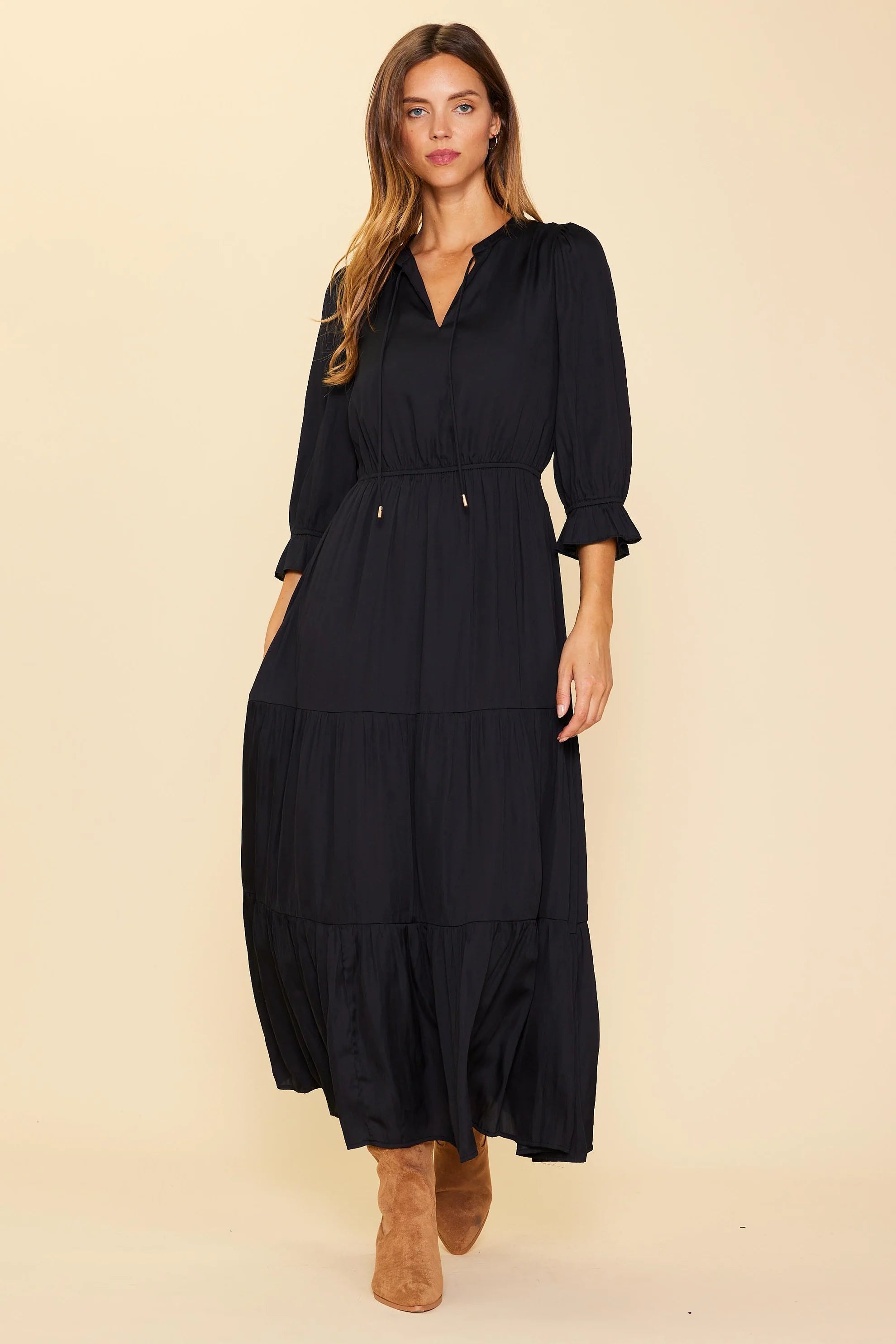 Split Neck Ruffle Dress | Black