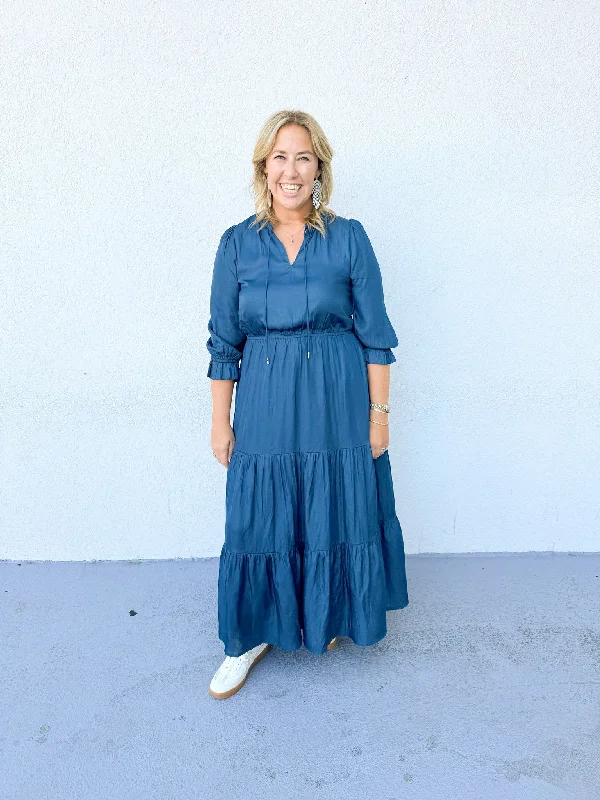 Split Neck Ruffle Dress | Teal