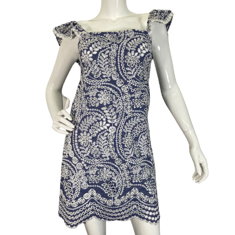 Alice + Olivia Blue Dress with Embroidered White Lace Design