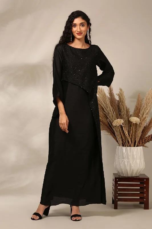 Black Embellished Panel Long Dress