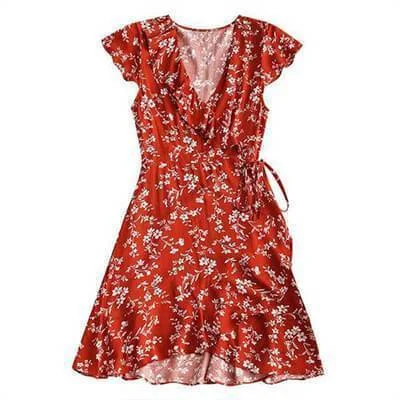 Tiny Floral Ruffle Wrap Mini Dress Boho Summer Dress Women V Neck Casual Short Sleeve Beach Dress Vestidos Robes (US 4-6) Stylish Ruffle Mini Dress