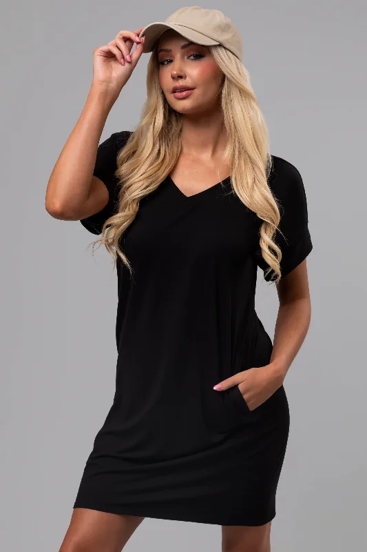 Black Soft V Neck Short Sleeve Mini Dress Cozy Cotton Mini Dress