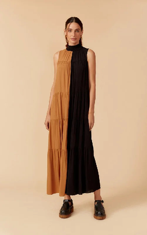 Cappuccino and Black Crepe Long Dress